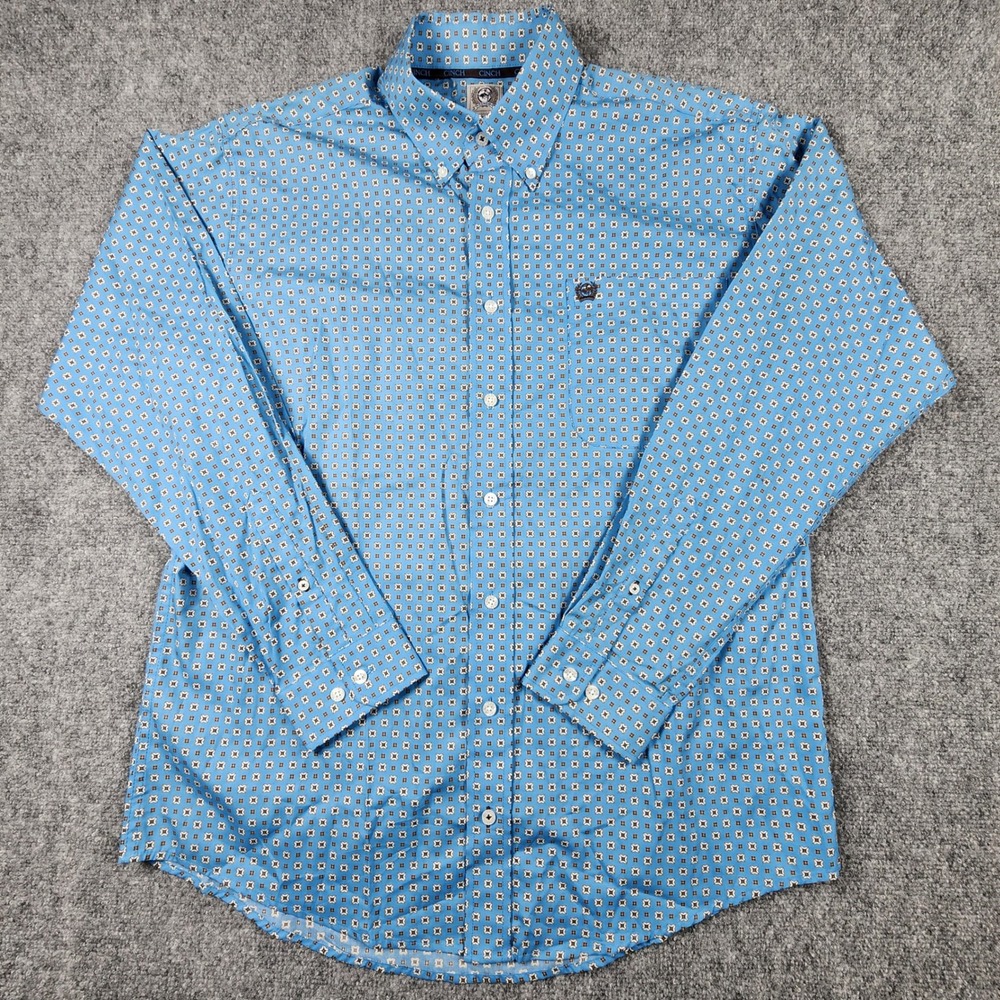 Cinch Mens Western Button Down Shirt Small Blue Geometric Diamond Long Sleeve